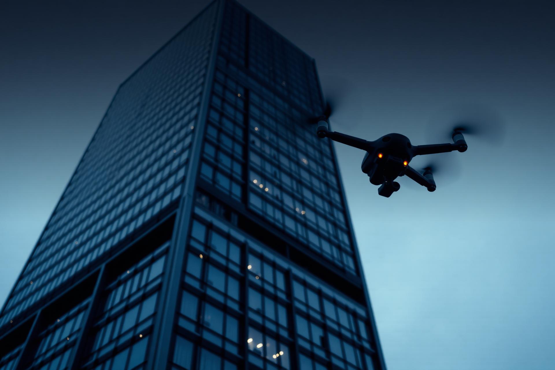 Drone realizando inspeção aérea em fachada de edifício corporativo na Grande Porto Alegre